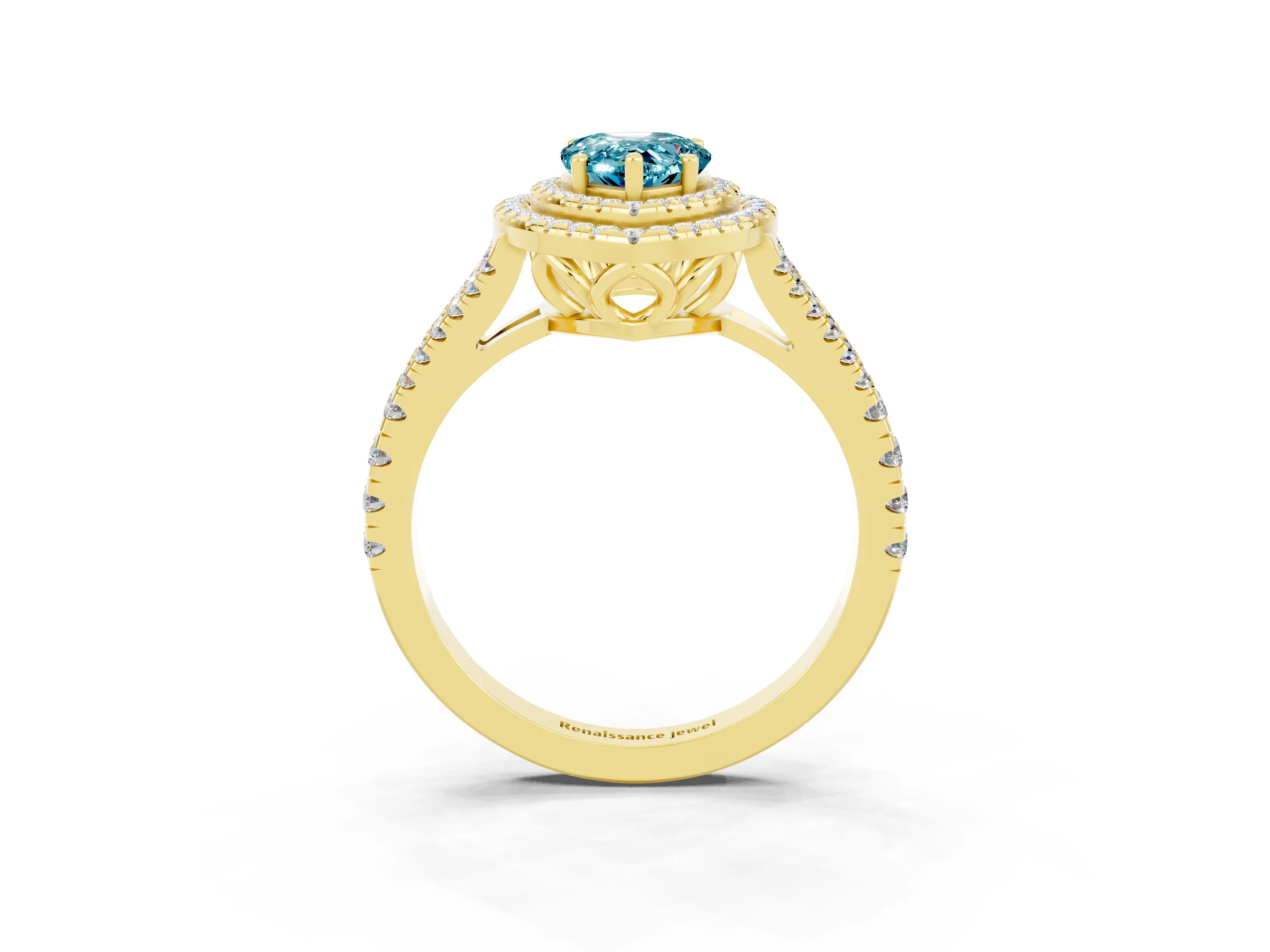 Yellow gold Pear Cut Blue Topaz Double Halo Ring with Pavé Band and Prong Setting_15