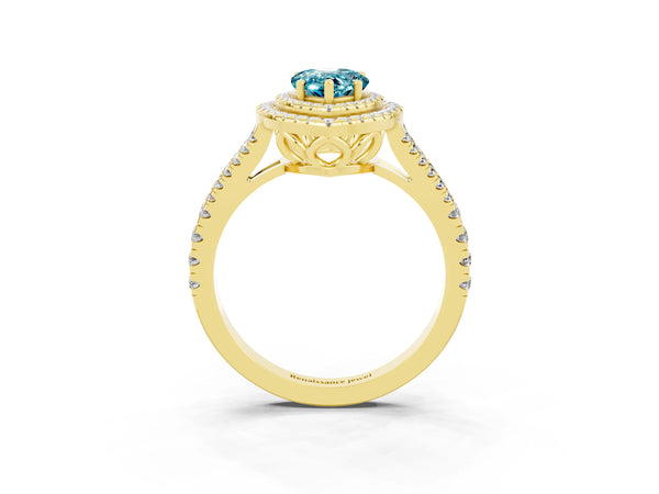Yellow gold Pear Cut Blue Topaz Double Halo Ring with Pavé Band and Prong Setting