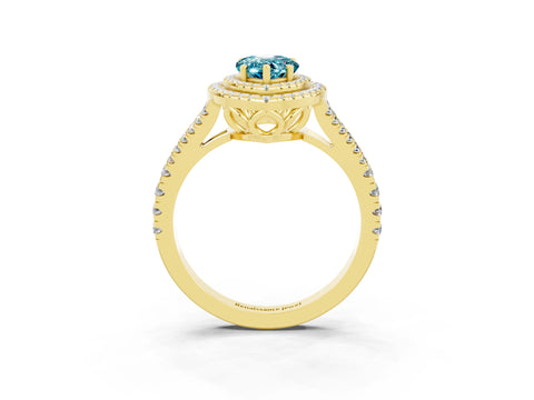Yellow gold Pear Cut Blue Topaz Double Halo Ring with Pavé Band and Prong Setting_15