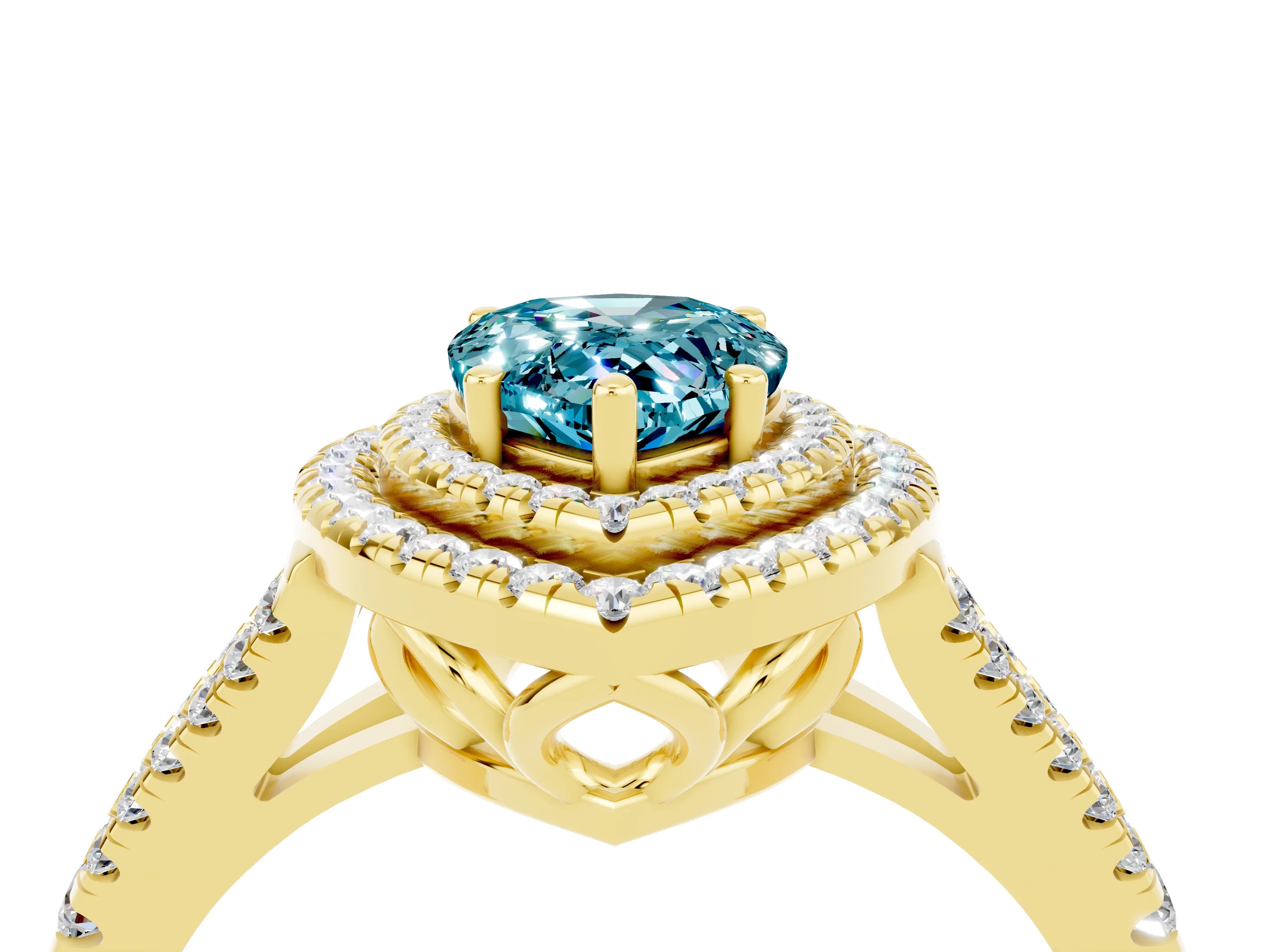 Yellow gold Pear Cut Blue Topaz Double Halo Ring with Pavé Band and Prong Setting_16