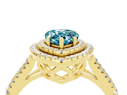 Yellow gold Pear Cut Blue Topaz Double Halo Ring with Pavé Band and Prong Setting_16