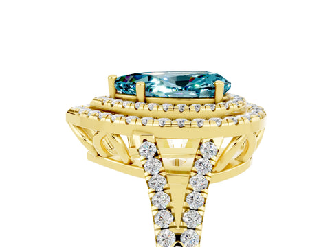 Yellow gold Pear Cut Blue Topaz Double Halo Ring with Pavé Band and Prong Setting_17