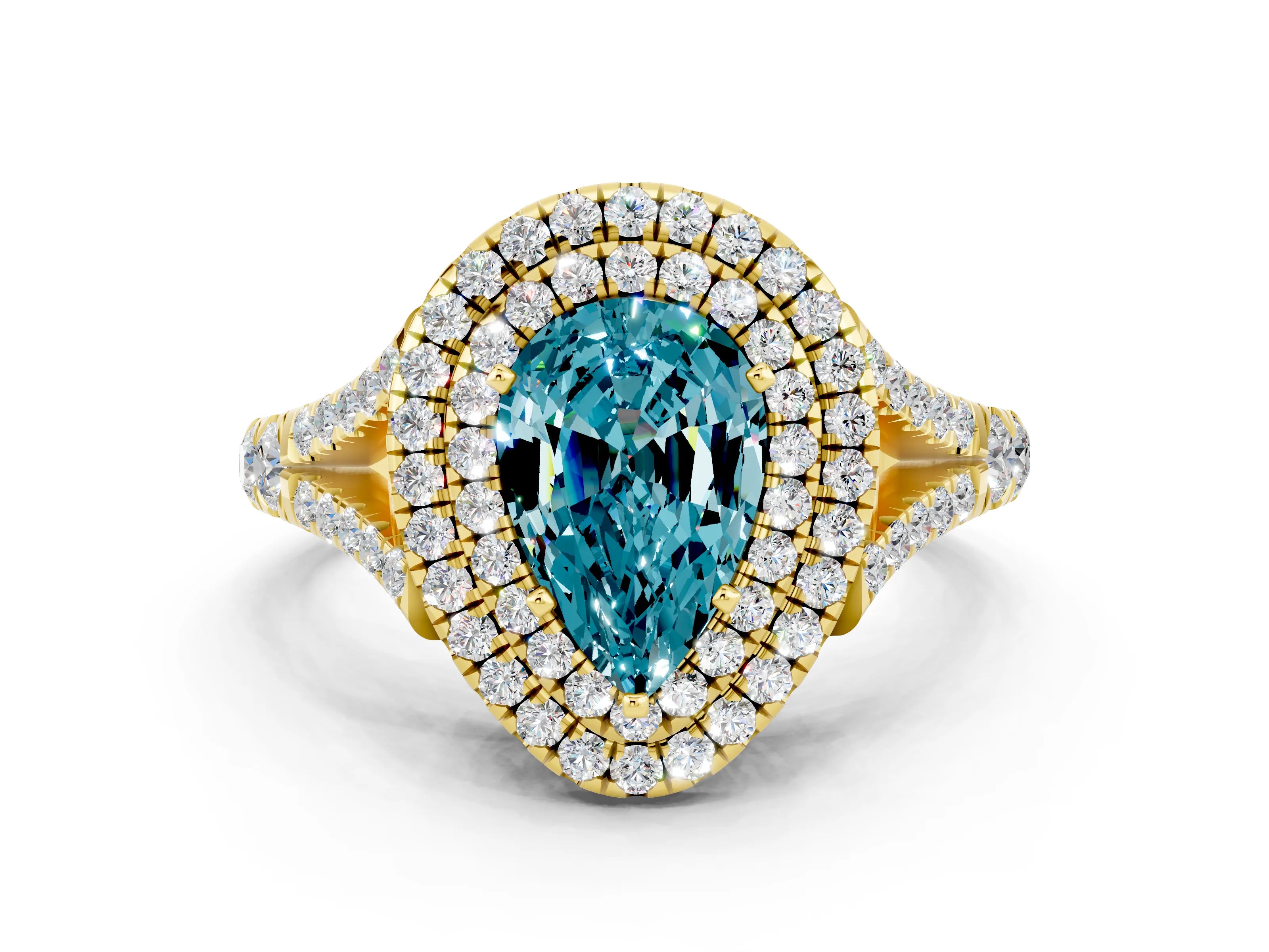 Yellow gold Pear Cut Blue Topaz Double Halo Ring with Split Shank and Prong Setting_12