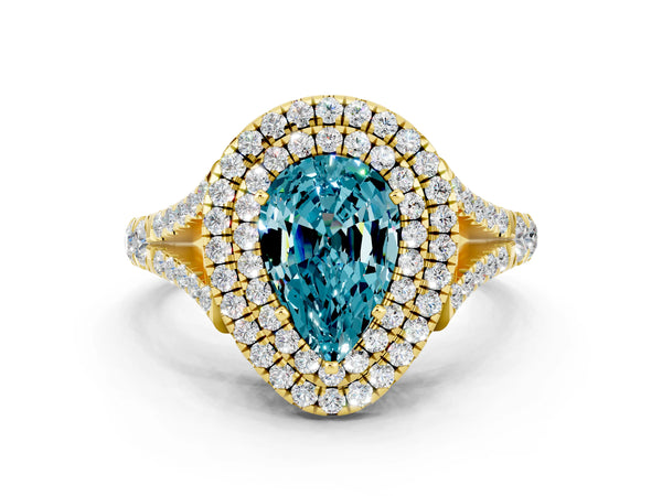 Yellow gold Pear Cut Blue Topaz Double Halo Ring with Split Shank and Prong Setting
