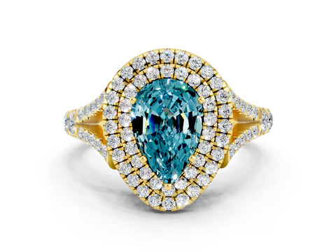 Yellow gold Pear Cut Blue Topaz Double Halo Ring with Split Shank and Prong Setting_12