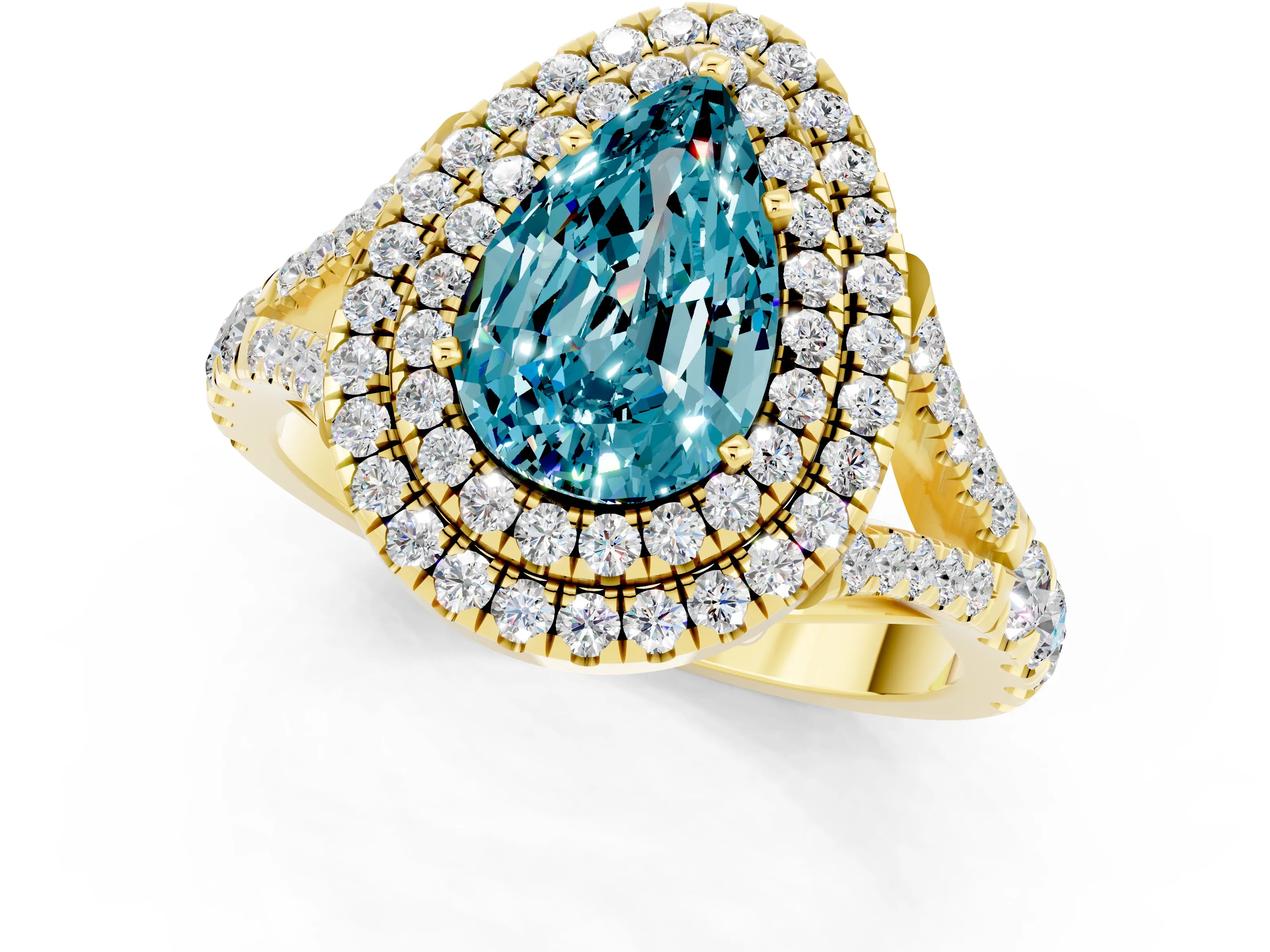 Yellow gold Pear Cut Blue Topaz Double Halo Ring with Split Shank and Prong Setting_13