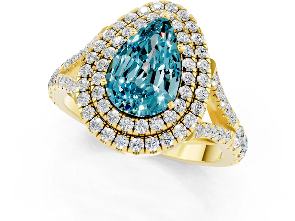 Yellow gold Pear Cut Blue Topaz Double Halo Ring with Split Shank and Prong Setting