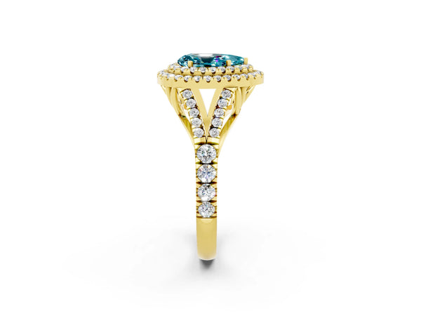 Yellow gold Pear Cut Blue Topaz Double Halo Ring with Split Shank and Prong Setting