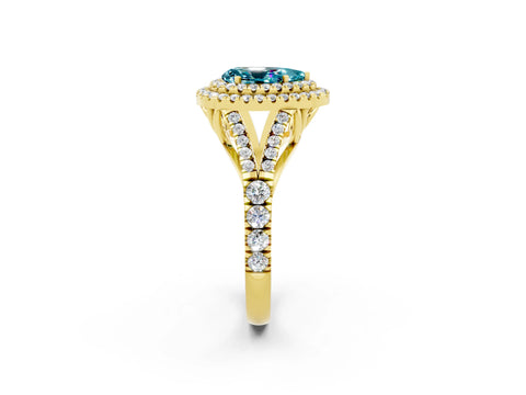 Yellow gold Pear Cut Blue Topaz Double Halo Ring with Split Shank and Prong Setting_14