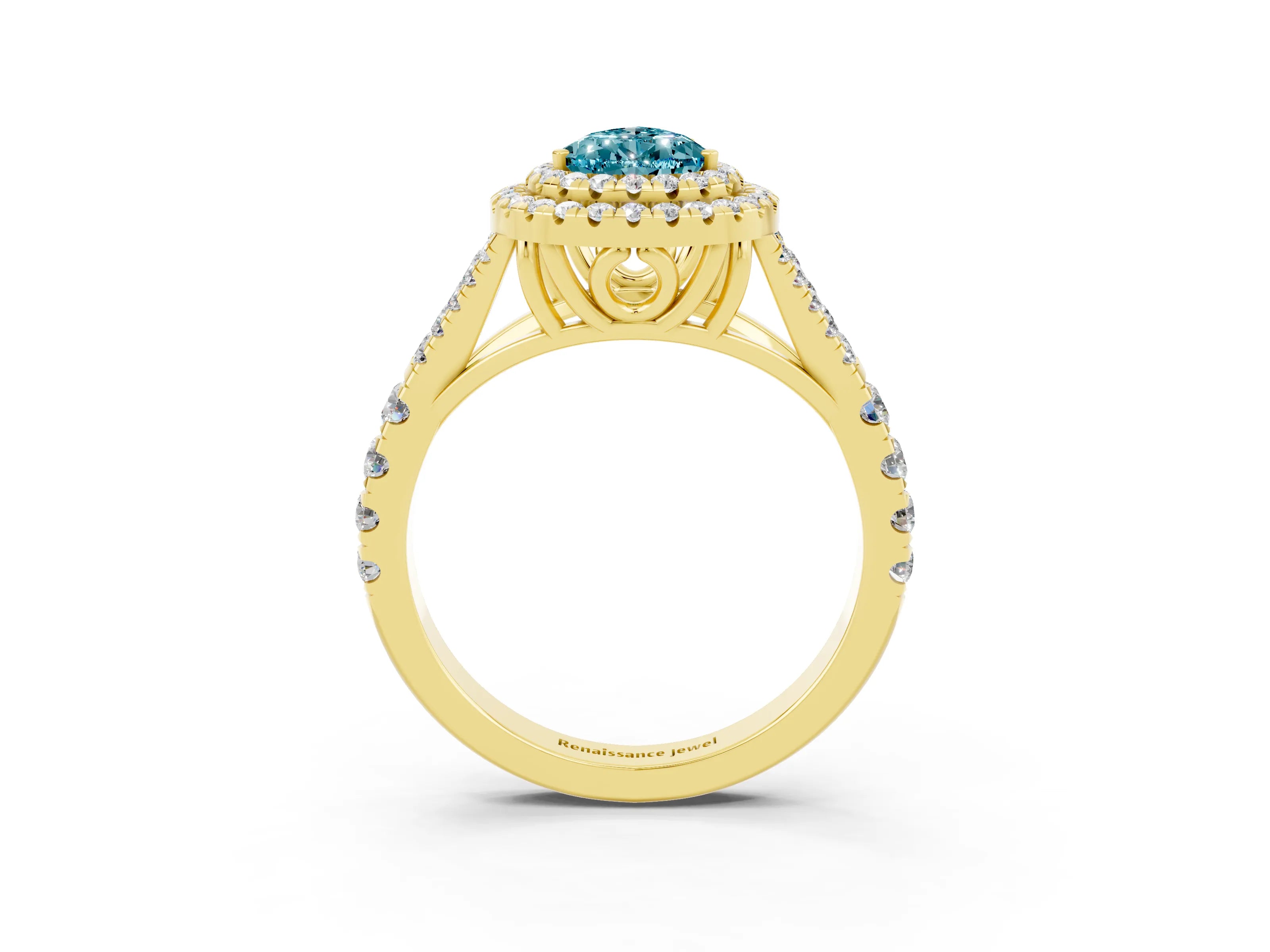 Yellow gold Pear Cut Blue Topaz Double Halo Ring with Split Shank and Prong Setting_15