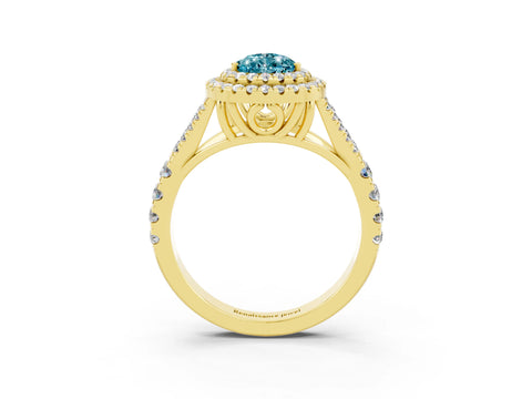 Yellow gold Pear Cut Blue Topaz Double Halo Ring with Split Shank and Prong Setting_15