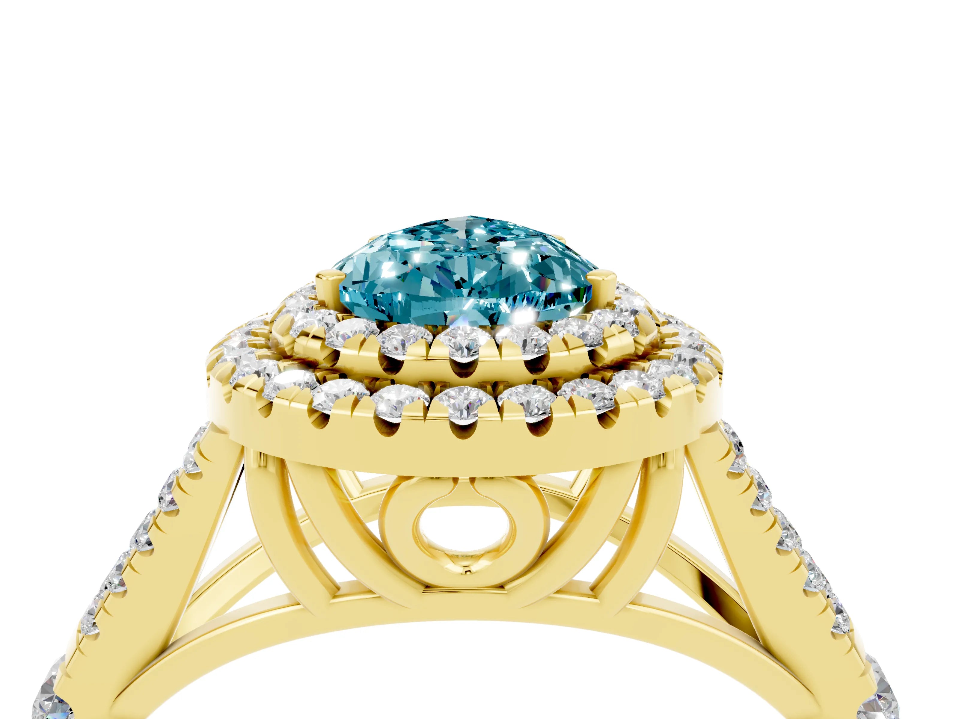 Yellow gold Pear Cut Blue Topaz Double Halo Ring with Split Shank and Prong Setting_16