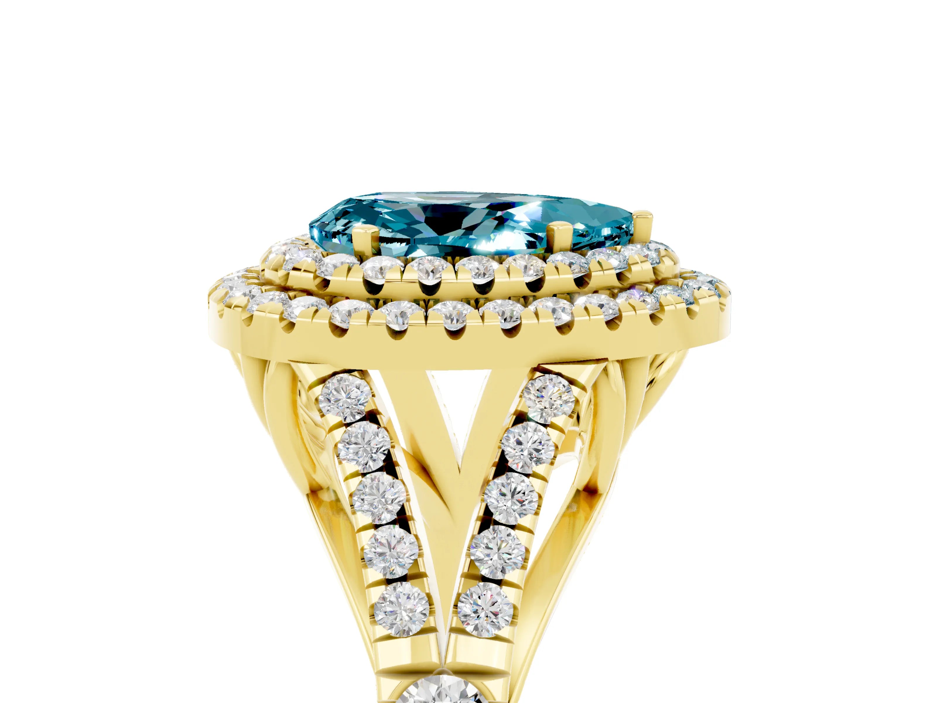 Yellow gold Pear Cut Blue Topaz Double Halo Ring with Split Shank and Prong Setting_17