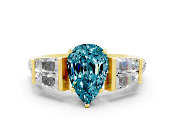 Yellow gold Pear Cut Blue Topaz Engagement Ring with Baguette Side Stones and Channel Set Band