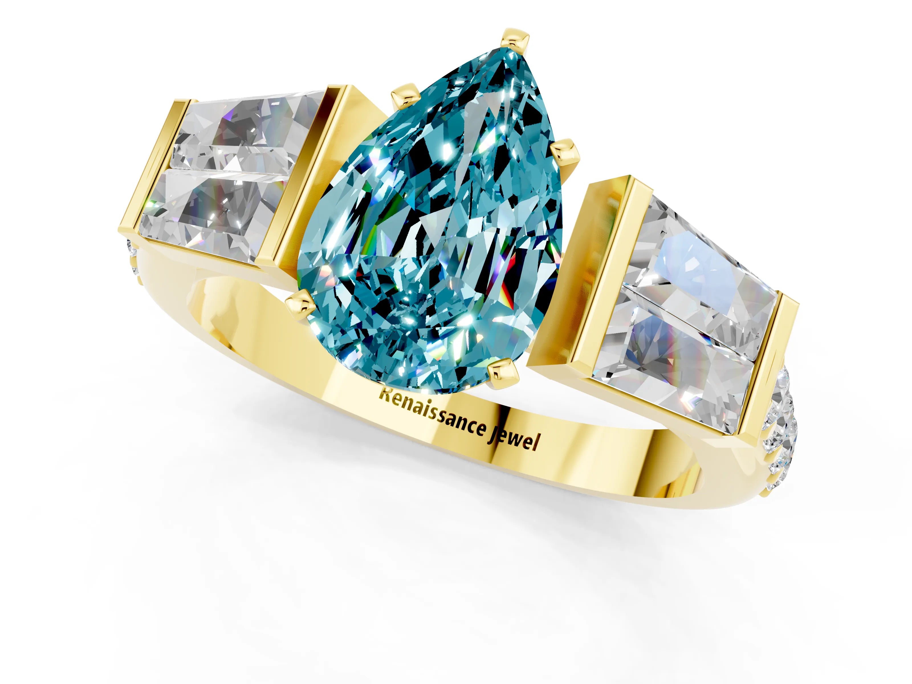 Yellow gold Pear Cut Blue Topaz Engagement Ring with Baguette Side Stones and Channel Set Band_1