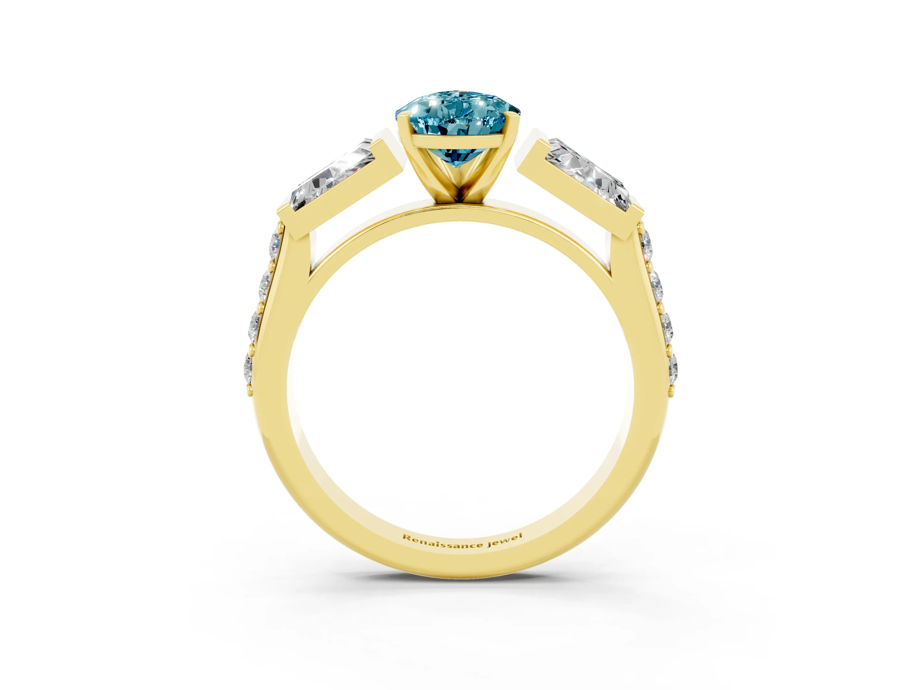 Yellow gold Pear Cut Blue Topaz Engagement Ring with Baguette Side Stones and Channel Set Band_3