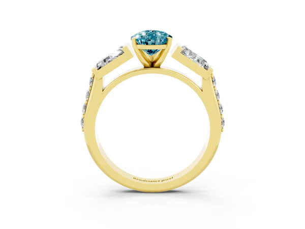 Yellow gold Pear Cut Blue Topaz Engagement Ring with Baguette Side Stones and Channel Set Band