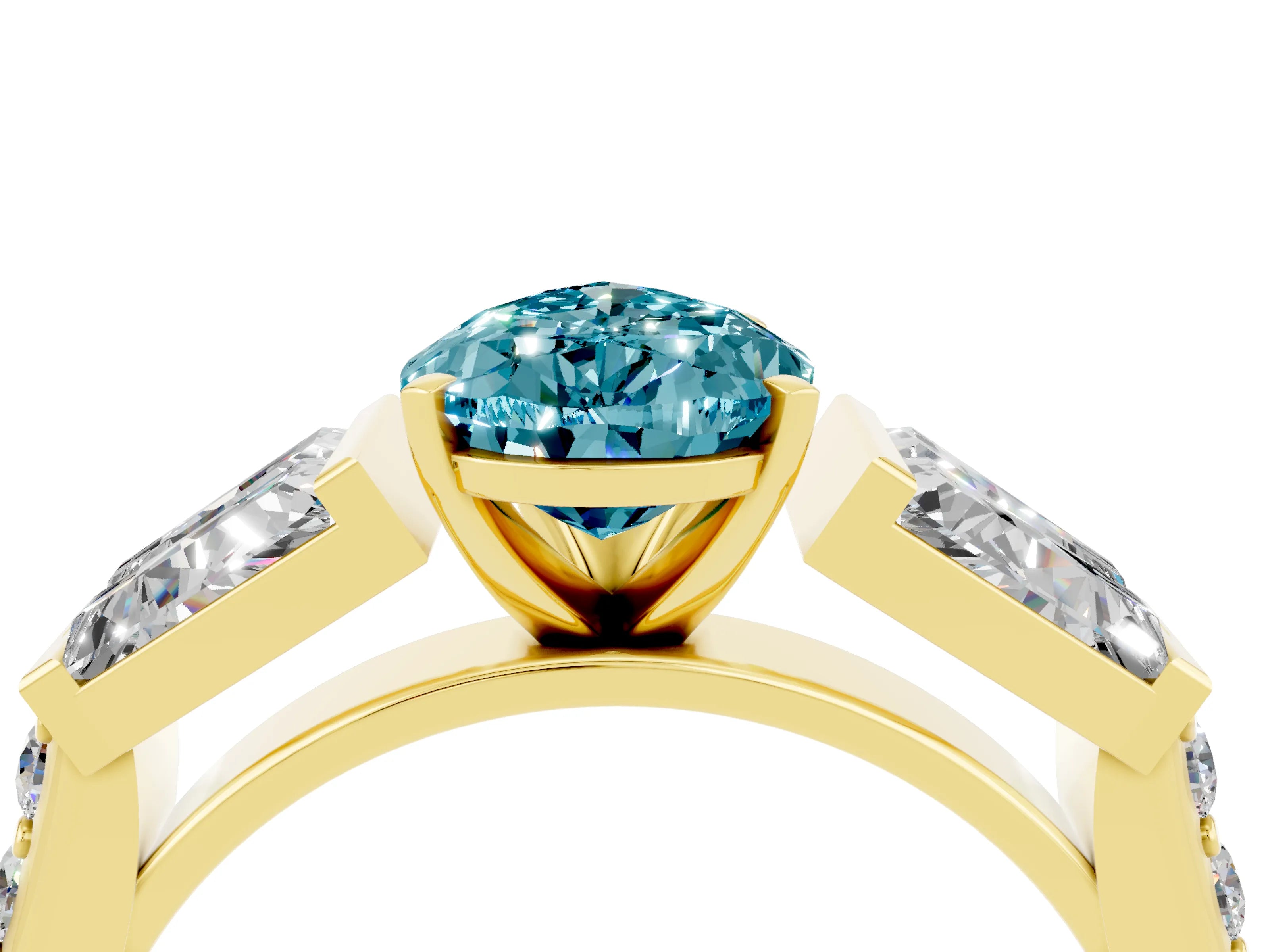 Yellow gold Pear Cut Blue Topaz Engagement Ring with Baguette Side Stones and Channel Set Band_4
