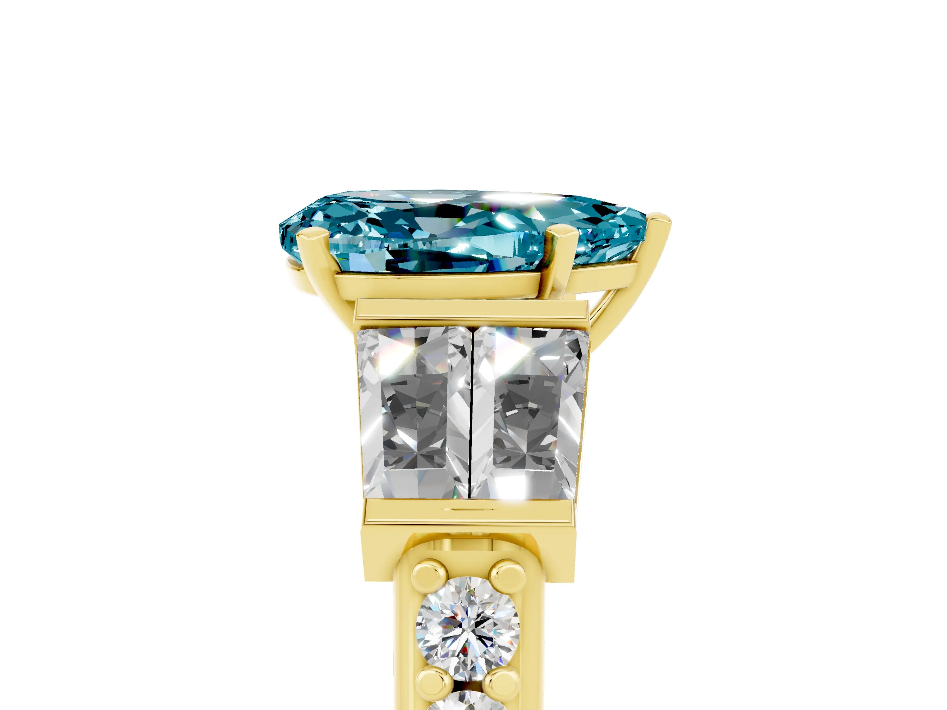 Yellow gold Pear Cut Blue Topaz Engagement Ring with Baguette Side Stones and Channel Set Band_5
