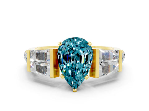 Yellow gold Pear Cut Blue Topaz Engagement Ring with Baguette Side Stones and Channel Set Band