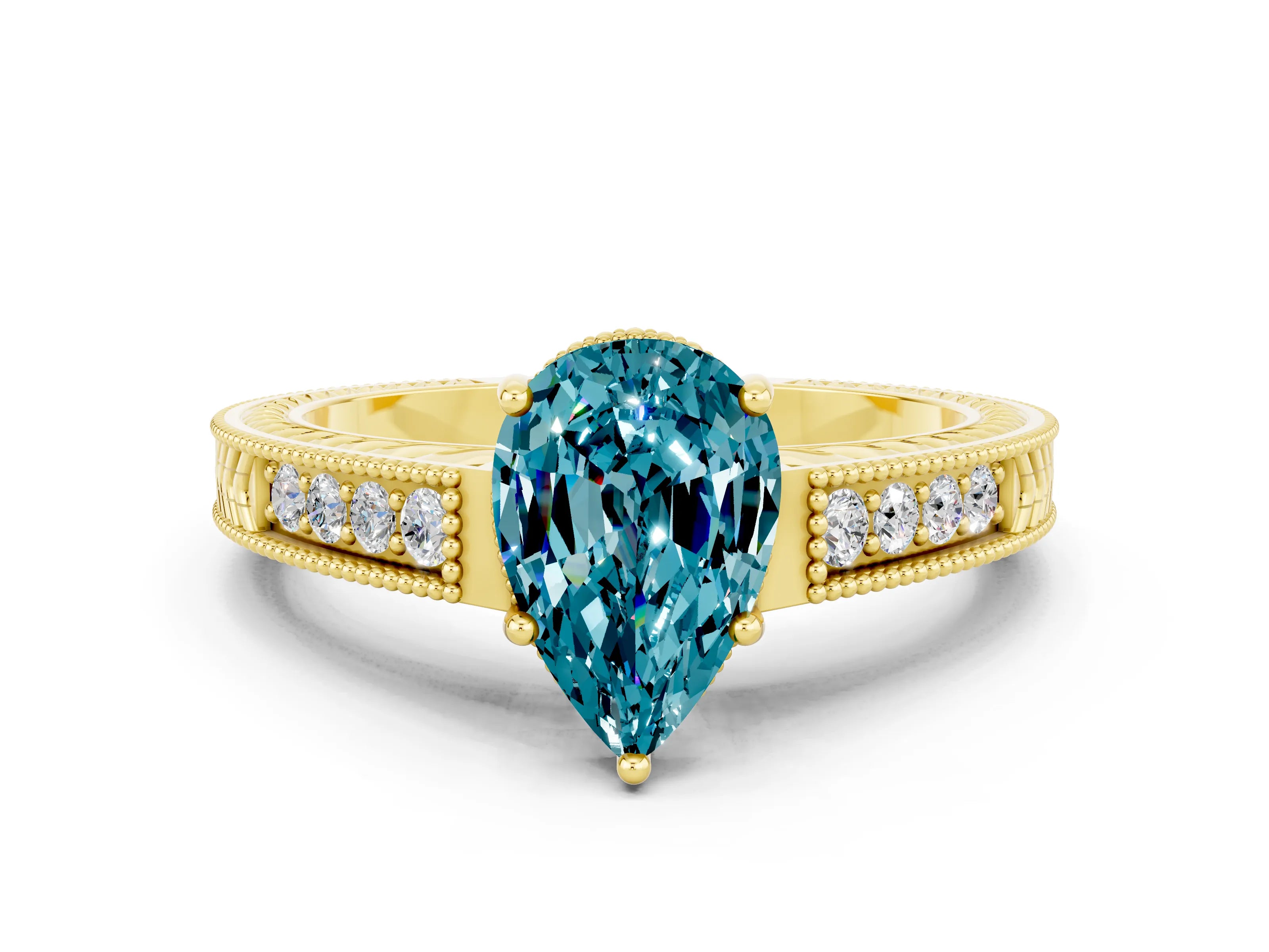 Yellow gold Pear Cut Blue Topaz Engagement Ring with Milgrain Channel Set Band and Prong Setting