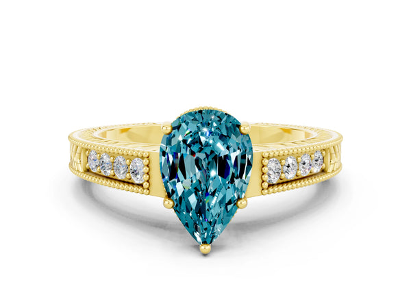 Yellow gold Pear Cut Blue Topaz Engagement Ring with Milgrain Channel Set Band and Prong Setting