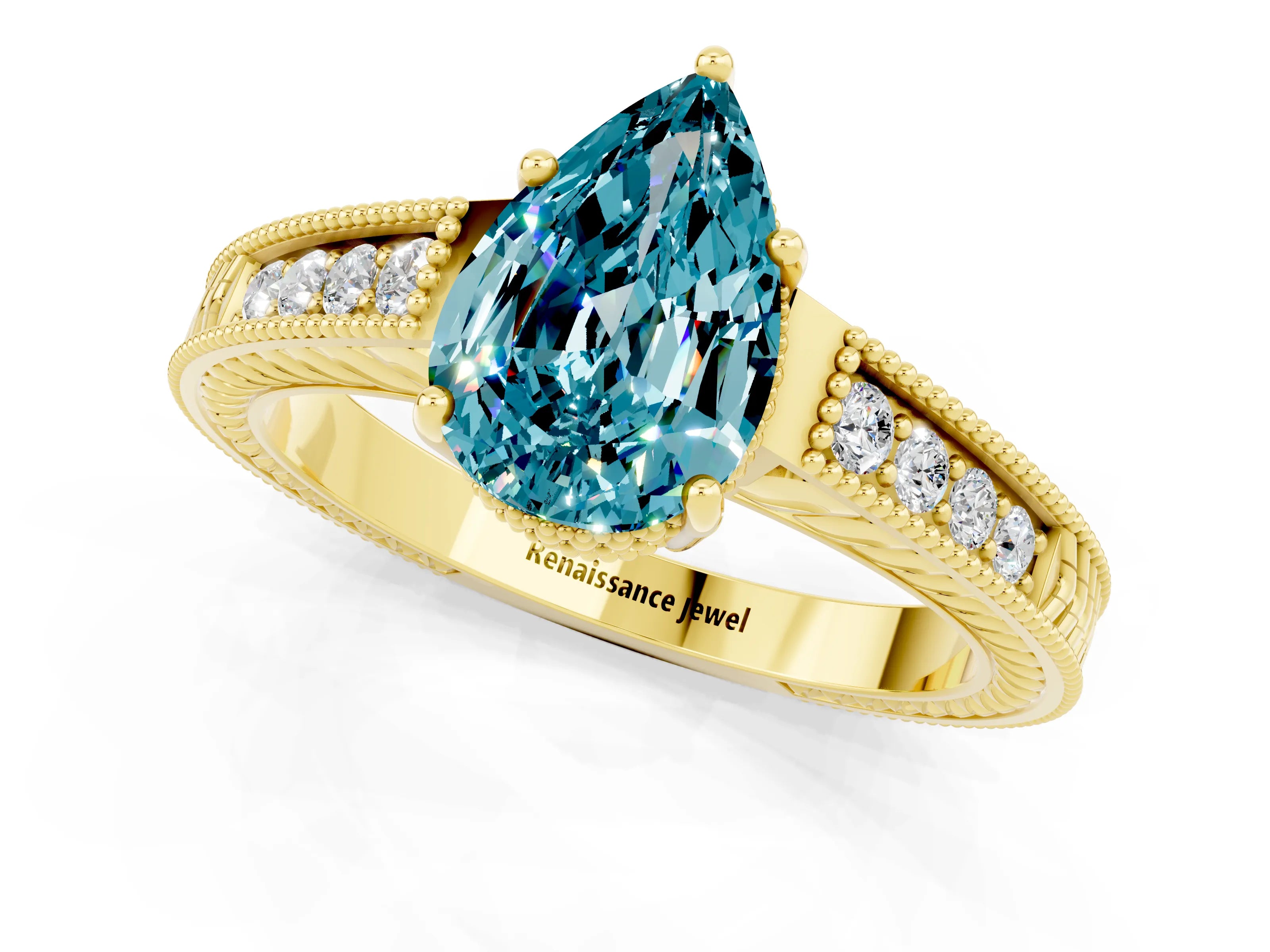Yellow gold Pear Cut Blue Topaz Engagement Ring with Milgrain Channel Set Band and Prong Setting_1