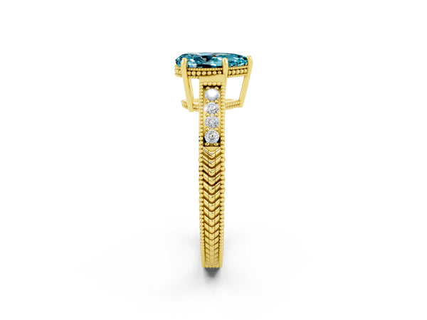 Yellow gold Pear Cut Blue Topaz Engagement Ring with Milgrain Channel Set Band and Prong Setting