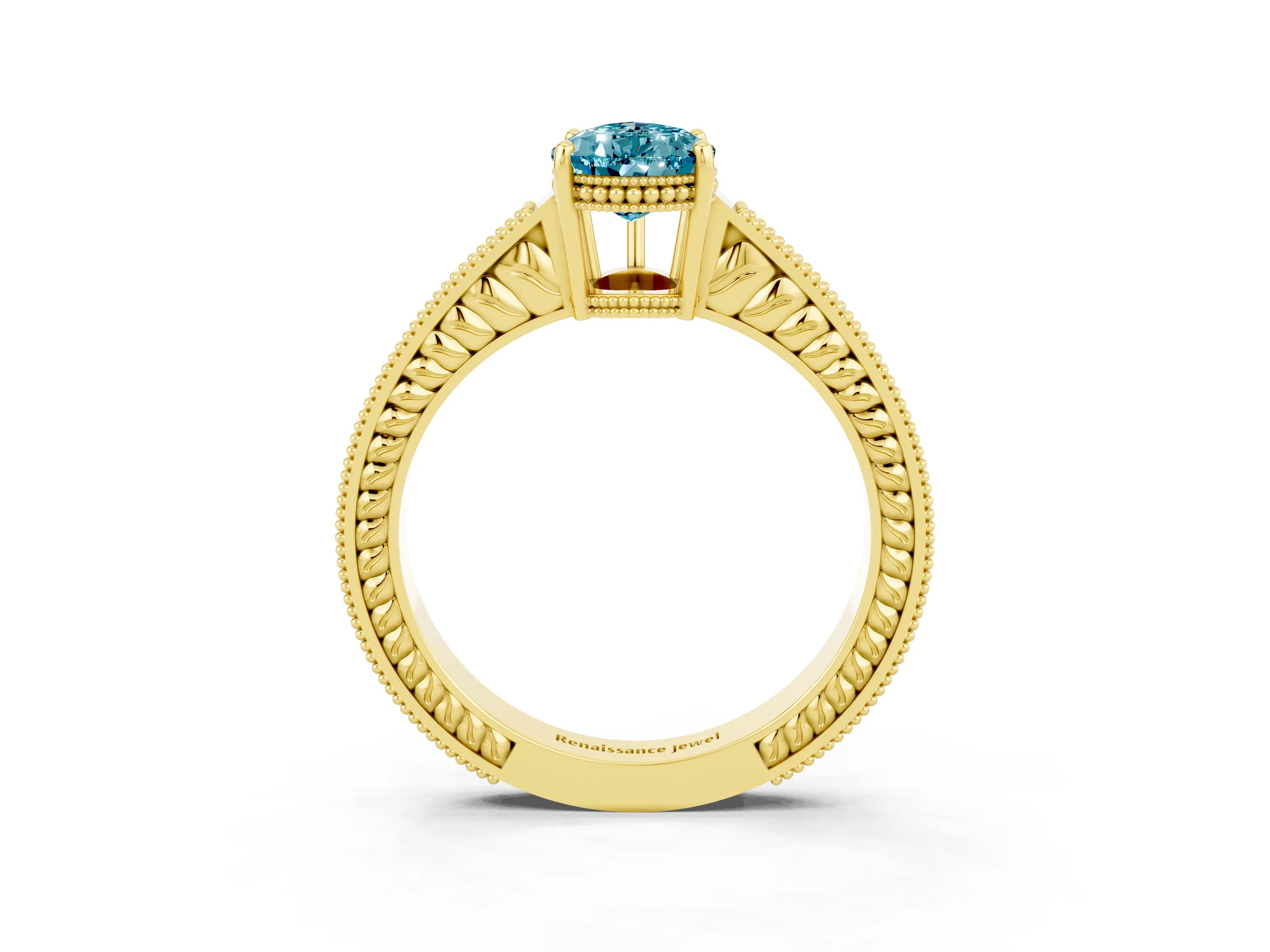 Yellow gold Pear Cut Blue Topaz Engagement Ring with Milgrain Channel Set Band and Prong Setting_3