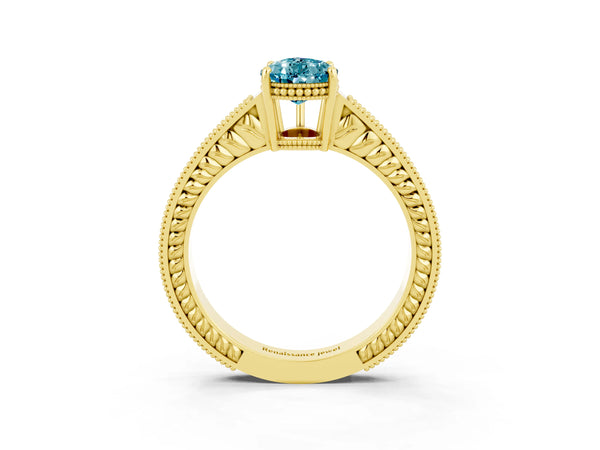 Yellow gold Pear Cut Blue Topaz Engagement Ring with Milgrain Channel Set Band and Prong Setting