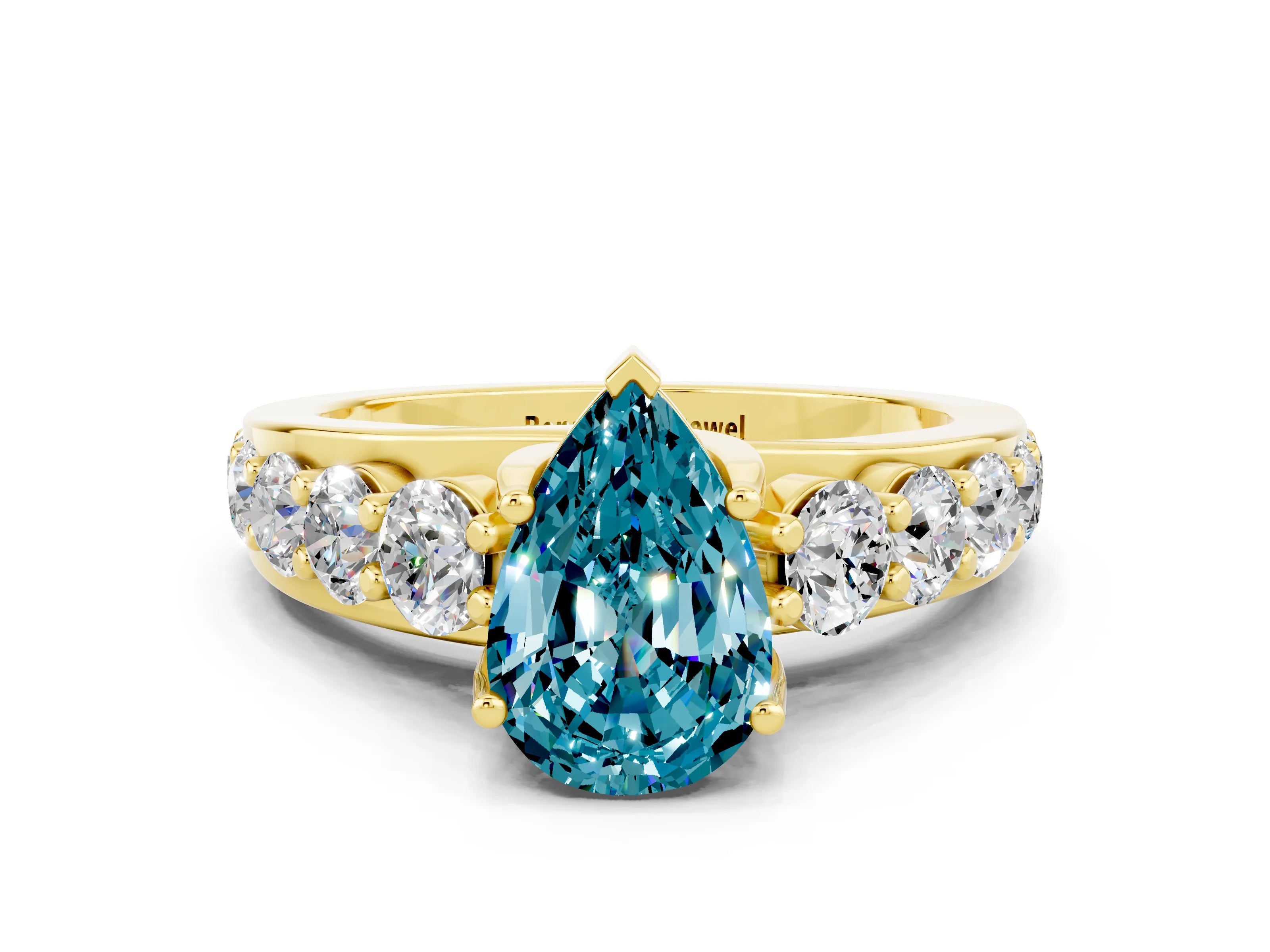 Yellow gold Pear Cut Blue Topaz Engagement Ring with Pavé Band and Four-Prong Setting