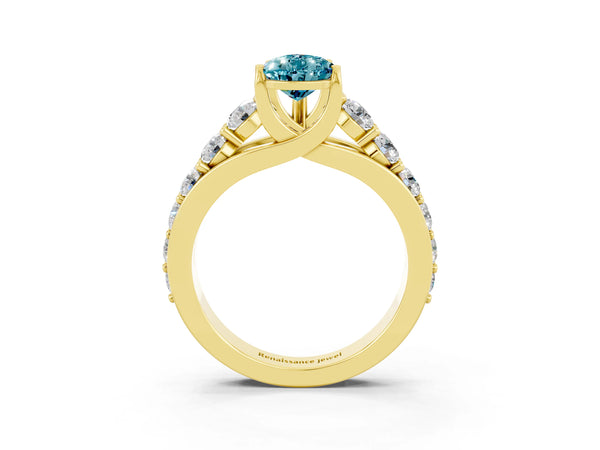 Yellow gold Pear Cut Blue Topaz Engagement Ring with Pavé Band and Four-Prong Setting