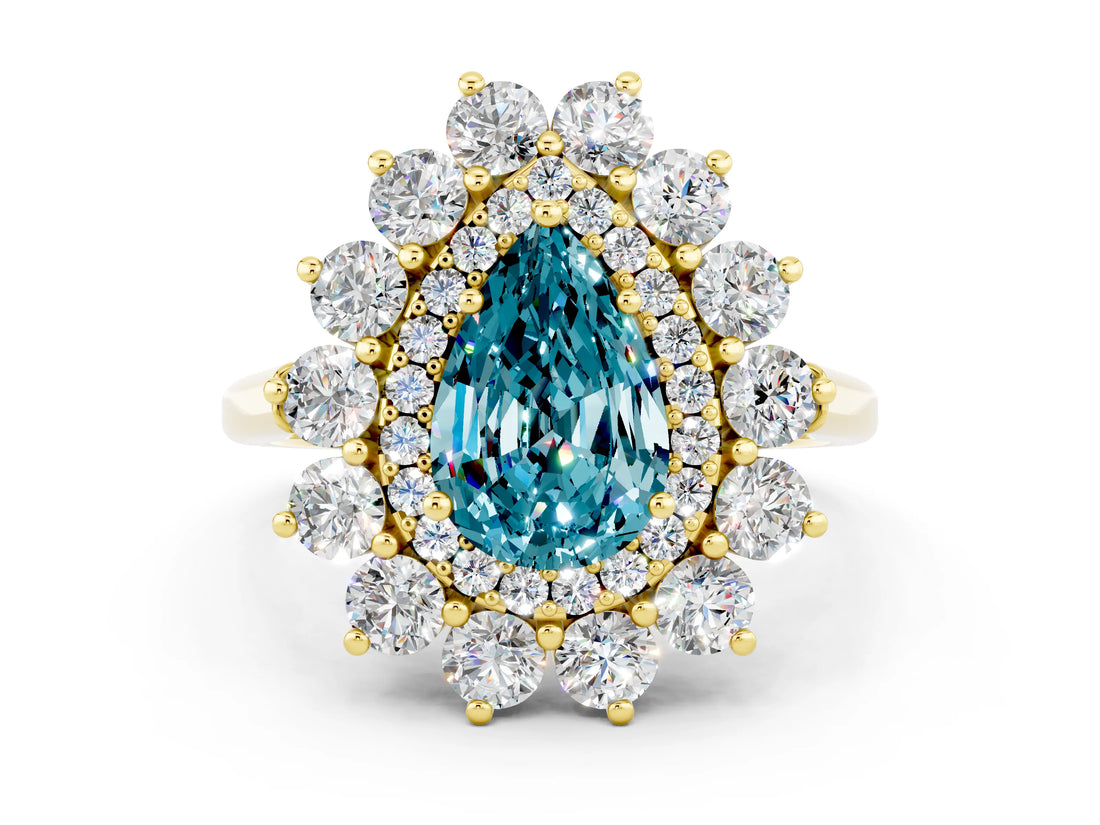 Yellow gold Pear Cut Blue Topaz Floral Double Halo Engagement Ring with Prong Setting_48