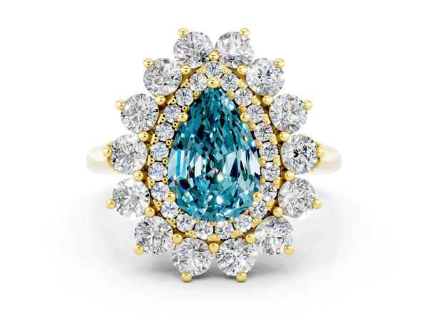 Yellow gold Pear Cut Blue Topaz Floral Double Halo Engagement Ring with Prong Setting