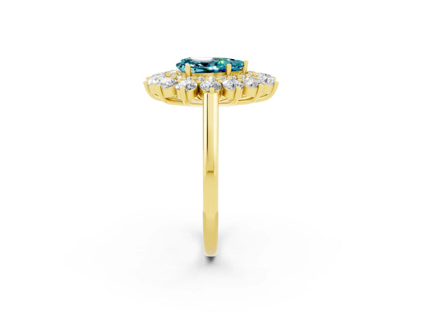 Yellow gold Pear Cut Blue Topaz Floral Double Halo Engagement Ring with Prong Setting