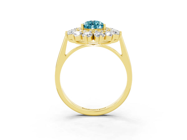 Yellow gold Pear Cut Blue Topaz Floral Double Halo Engagement Ring with Prong Setting