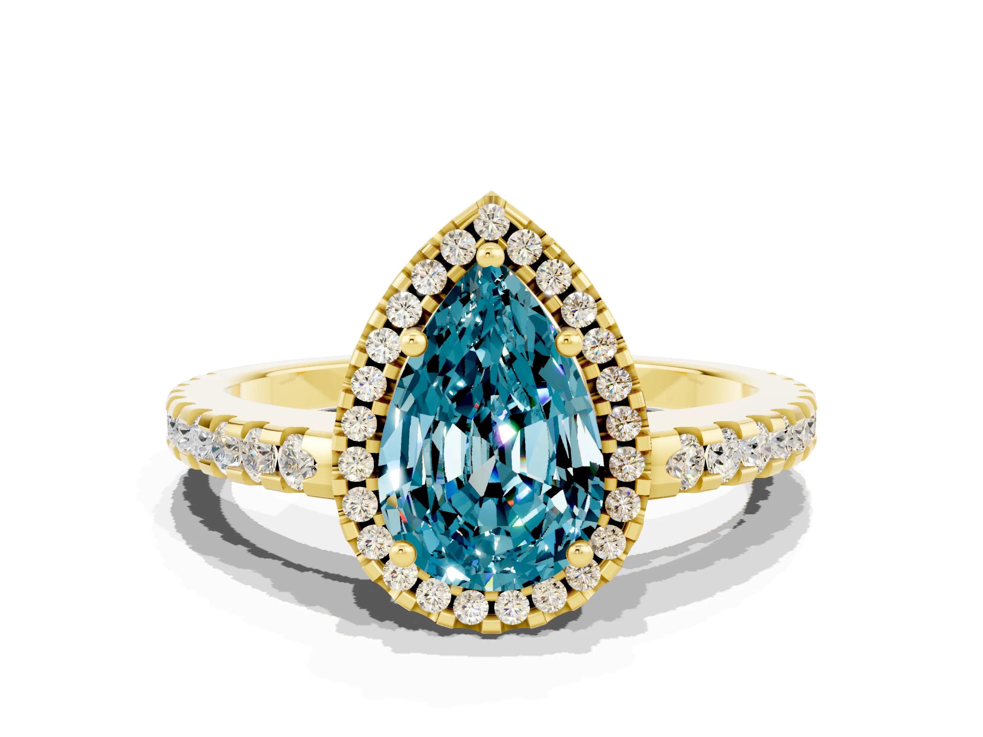 Yellow gold Pear Cut Blue Topaz Halo Engagement Ring with Pavé Band and Prong Setting_12