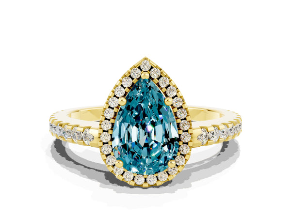 Yellow gold Pear Cut Blue Topaz Halo Engagement Ring with Pavé Band and Prong Setting