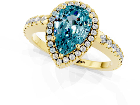 Yellow gold Pear Cut Blue Topaz Halo Engagement Ring with Pavé Band and Prong Setting_13