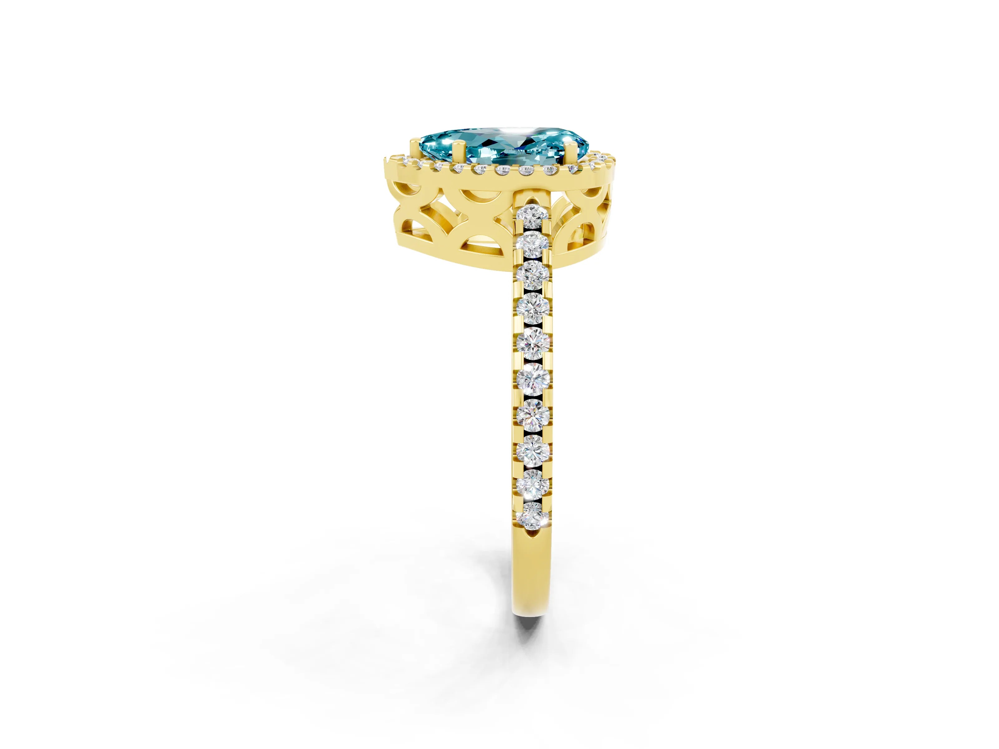 Yellow gold Pear Cut Blue Topaz Halo Engagement Ring with Pavé Band and Prong Setting_14