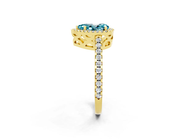 Yellow gold Pear Cut Blue Topaz Halo Engagement Ring with Pavé Band and Prong Setting