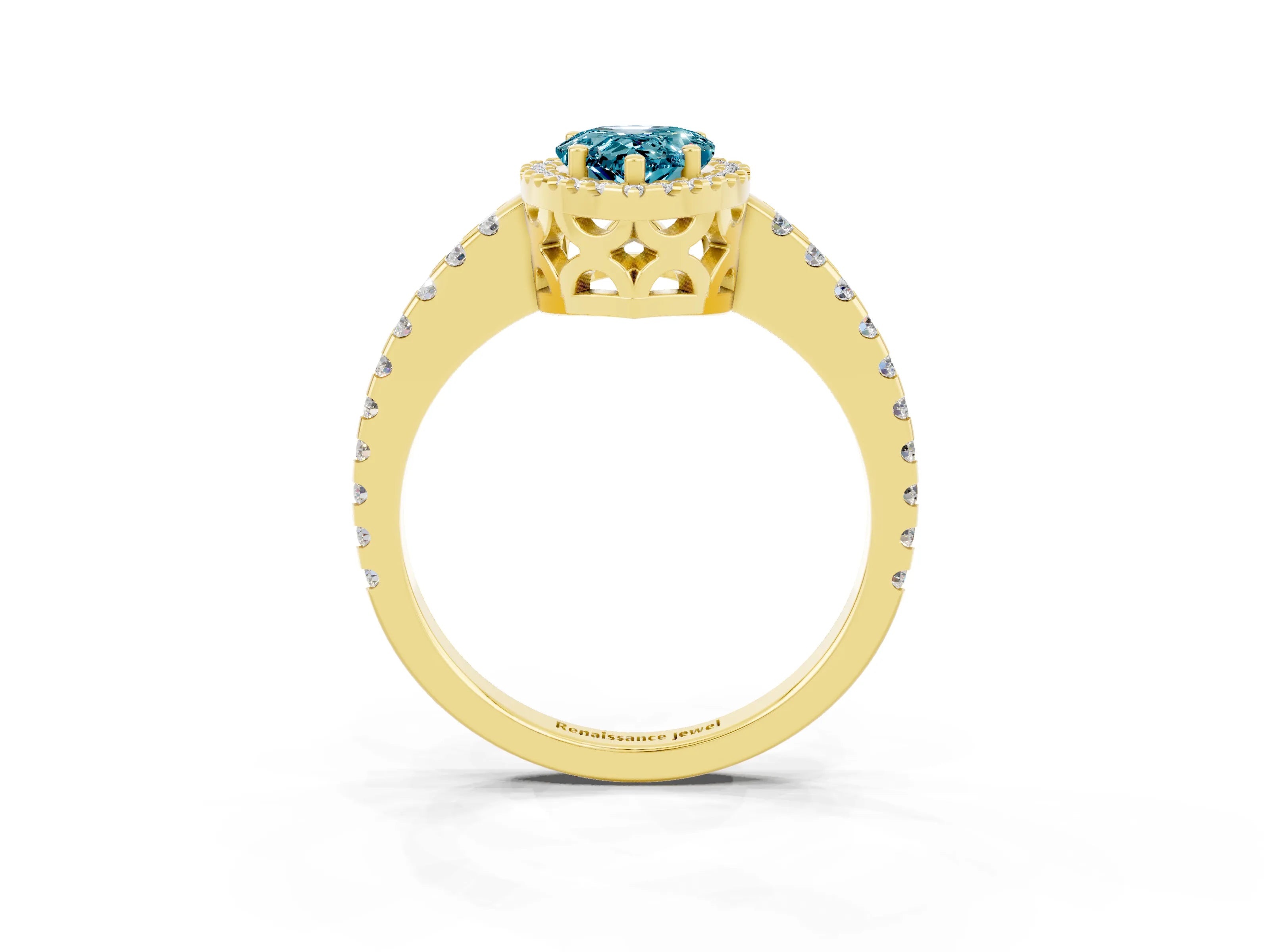 Yellow gold Pear Cut Blue Topaz Halo Engagement Ring with Pavé Band and Prong Setting_15
