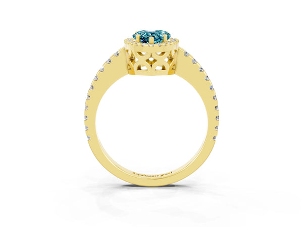 Yellow gold Pear Cut Blue Topaz Halo Engagement Ring with Pavé Band and Prong Setting