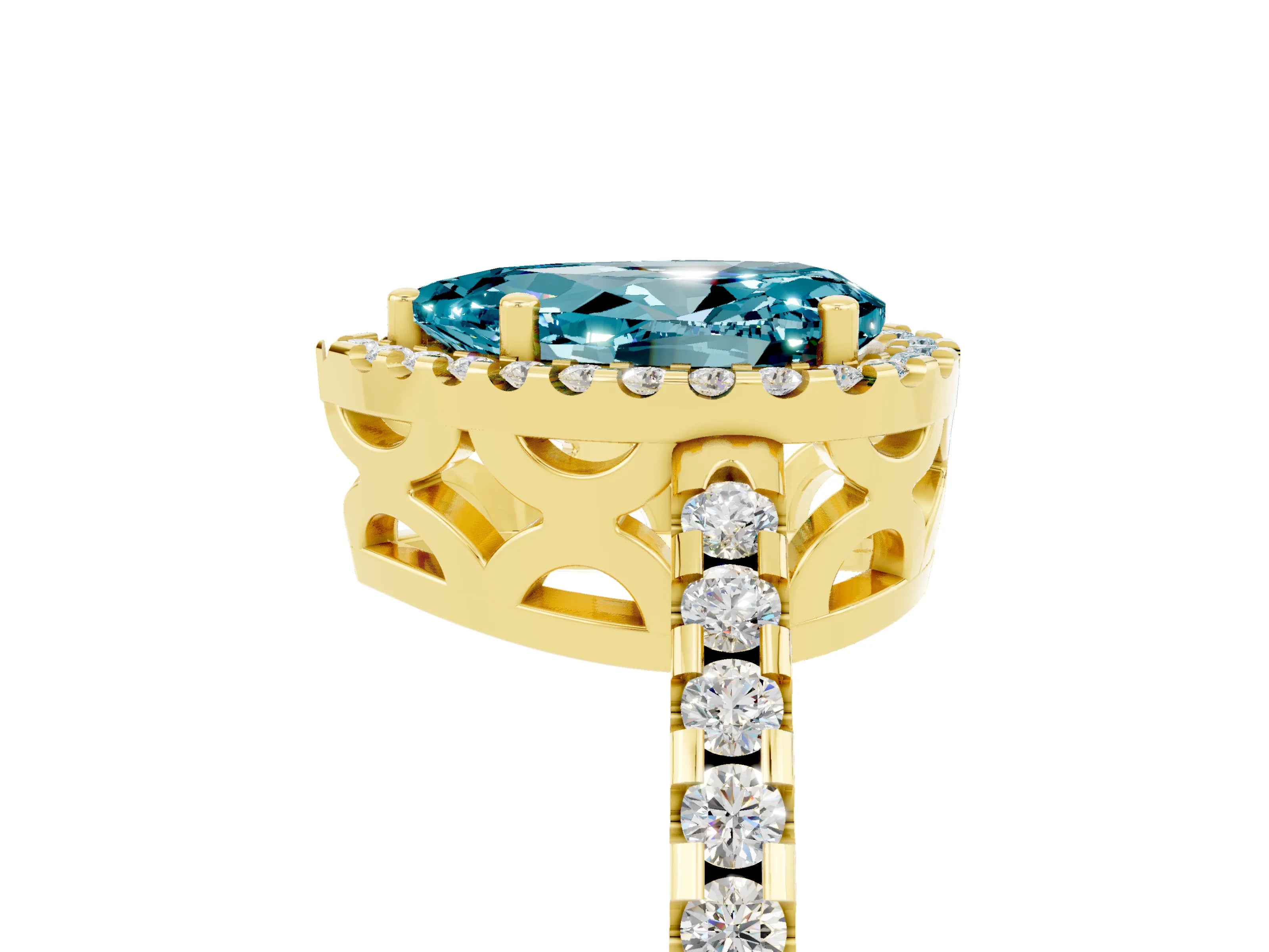 Yellow gold Pear Cut Blue Topaz Halo Engagement Ring with Pavé Band and Prong Setting_17