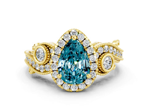 Yellow gold Pear Cut Blue Topaz Halo Ring with Milgrain Pavé Band and Four-Prong Setting_12