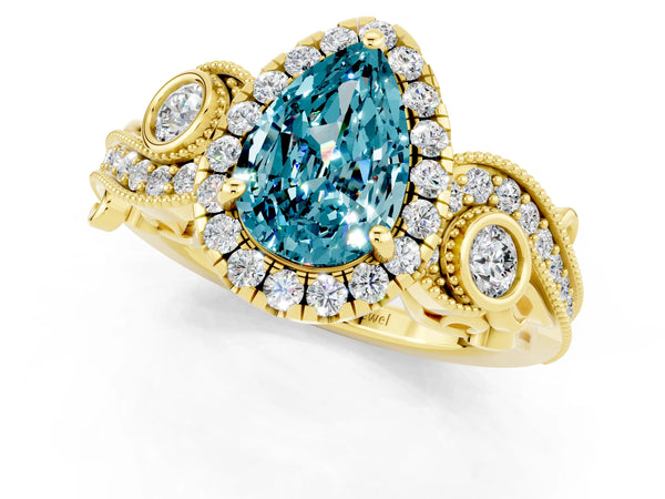 Yellow gold Pear Cut Blue Topaz Halo Ring with Milgrain Pavé Band and Four-Prong Setting