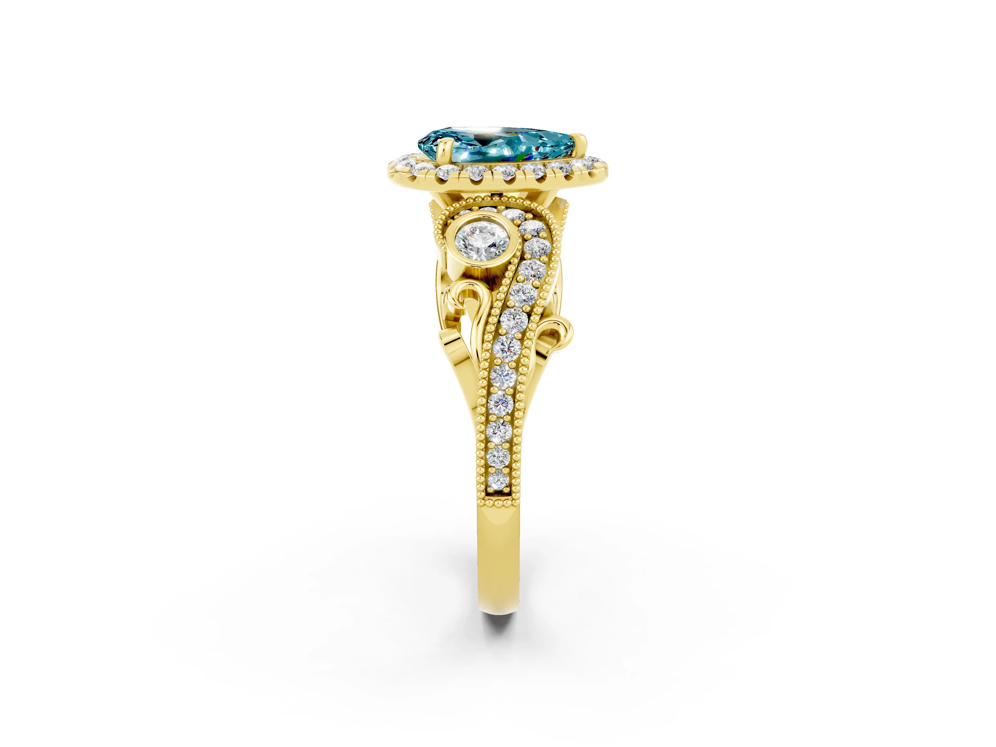 Yellow gold Pear Cut Blue Topaz Halo Ring with Milgrain Pavé Band and Four-Prong Setting_14