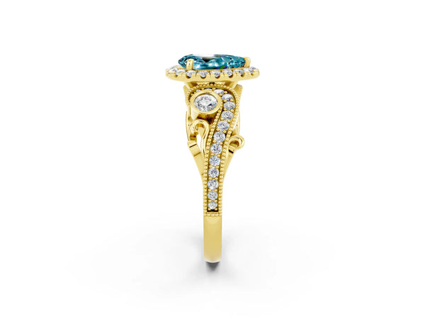 Yellow gold Pear Cut Blue Topaz Halo Ring with Milgrain Pavé Band and Four-Prong Setting