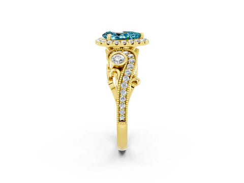 Yellow gold Pear Cut Blue Topaz Halo Ring with Milgrain Pavé Band and Four-Prong Setting_14