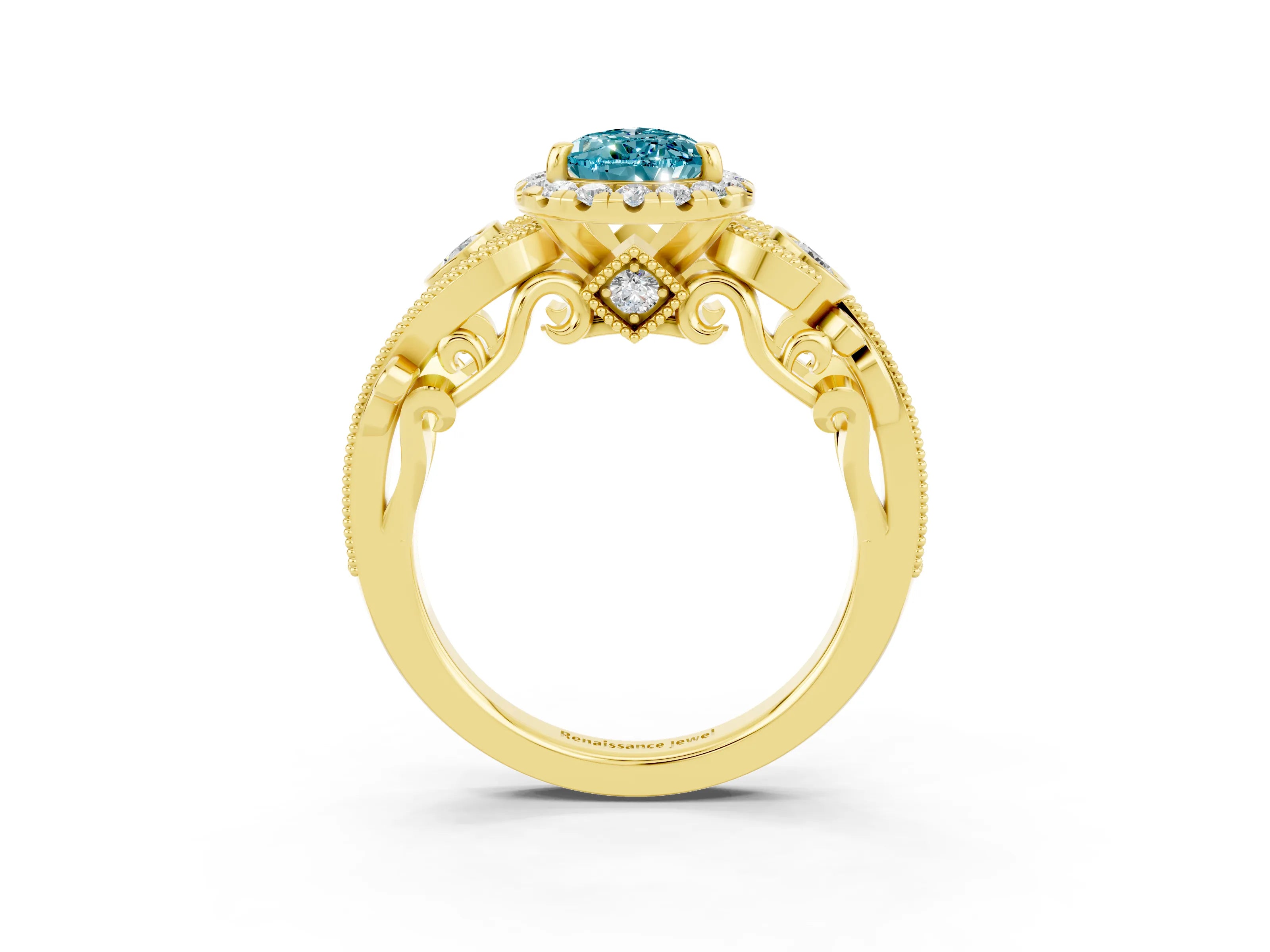 Yellow gold Pear Cut Blue Topaz Halo Ring with Milgrain Pavé Band and Four-Prong Setting_15